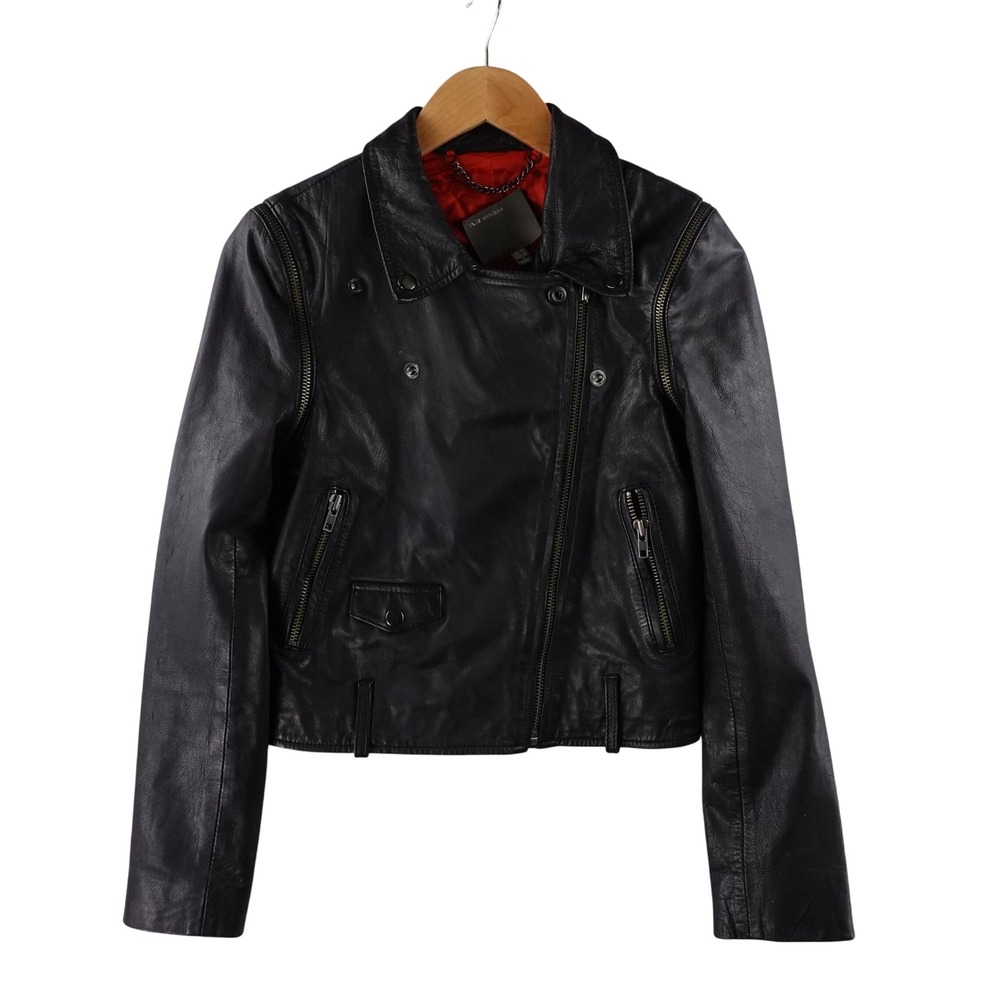 Muubaa Womens Black Leather Biker Jacket Red Lining Moto Asymmetric Zip Size 6